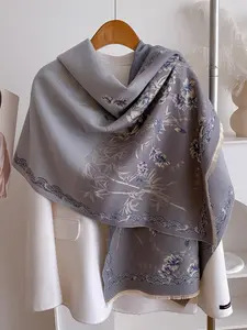 Women's Floral Print Double Sided Raw Hem Scarf, Elegant Soft Warm Shawl for Fall & Winter, Fashion All-match Accessories for Daily Wear