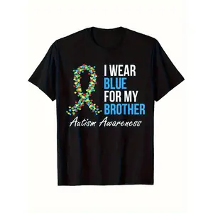 I Wear Blue for My Brother Autism Awareness T-Shirt - Soft Black Shirt with Puzzle Ribbon & Blue Lettering, Unisex S-3XL Sizes for Men, Women, ASD Parents - Autism Support Apparel, Family Matching Outfits, Advocacy Gift for ASD Families