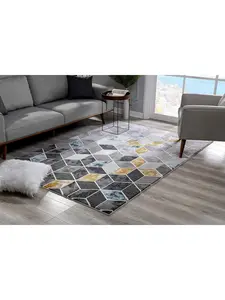HomeRoots 393616 8x11 ft. Gray & Gold Cubic Block Modern Multicolor Area Rug, Modern Area Rug, Multicolor Rug