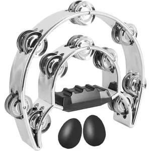 Tambourine Music Percussion Instrument Double Row Metal Bell Handheld Half-Moon Tambourine Chrome Plated Handdrum Metallic Texture and Egg Shakers for Adults KTV Party Band (Sliver)