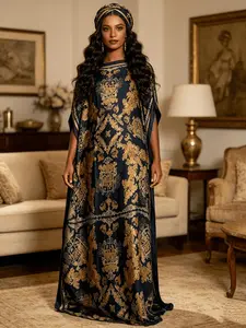 1dress +1headscarf -Navy Blue Gold Baroque Damask Print Boho Kaftan Dress for Women, Plus Size Muslim Abaya with Headscarf, Loose Batwing Sleeve Caftan, Ethnic Pattern Kaftan, Modest Beach Cover Up, Islamic Robe for Vacation, Casual Loungewear