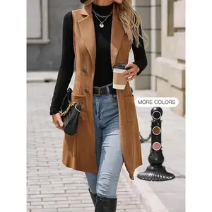 Women's Solid Button Decor Lapel Neck Suede Vest Blazer, Casual Sleeveless Pocket Open Front Longline Outerwear for Spring & Fall, Ladies Clothes for Daily Wear