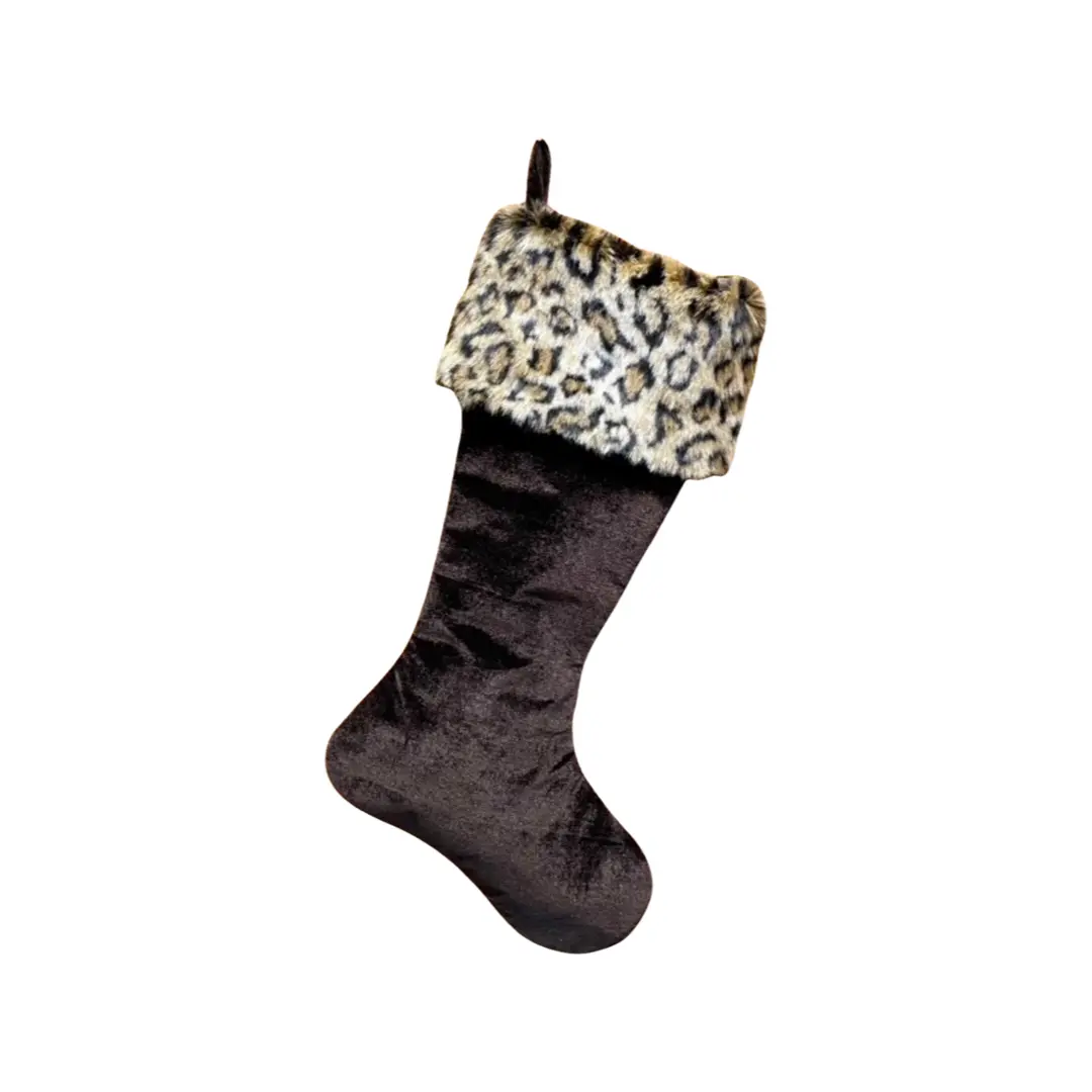 Brown Velvet Leopard Cuff Stocking