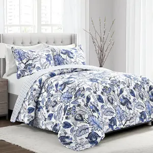 Lush Decor Cynthia Jacobean 3 Piece Quilt Set with Blue Patterned Quilt Cover, Pillows & Bedding Set
