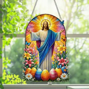 Jesus Resurrection Acrylic Suncatcher, Easter Christian Window Hanging with Butterflies and Eggs, Tropical Faith Home Decor, God Home Decor