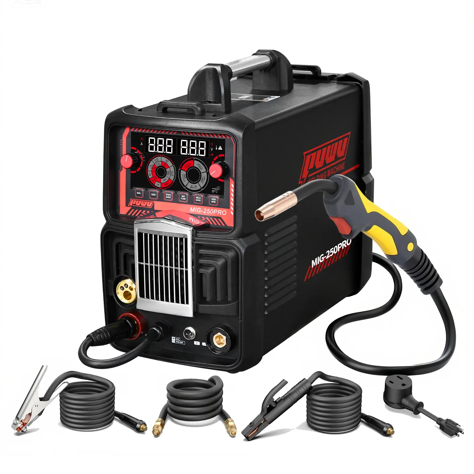 Puwu 250Amp MIG Heavy-Duty Commercial/Industrial Welding Machine Welder with Digital Display, 8-in-1 Multiprocess (Pulsed MIG/Flux Core/TIG/Mix MIG/Mannual MIG/Stick/GAS MIG/Spool Gun), Dual Voltage 110/220V, Compact Design for Automotive, Construction,su