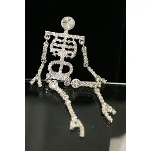 Silvertone Skull Shape Rhinestone Halloween Brooch Pin, 4in Jointed Ghost Skeleton Jewelry with Safety Clip for Clothing Collar Accessories