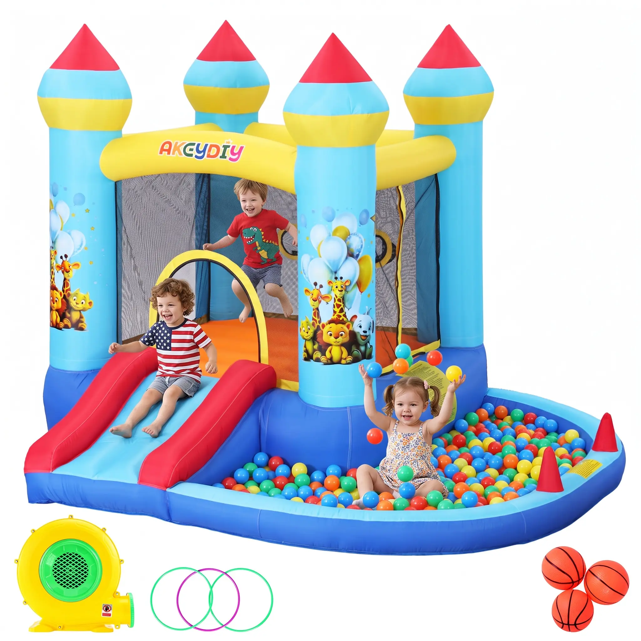 AKEYDIY Kids Inflatable Bounce House, Jungle Animal Print Themed Playground Equipment with 370W Blower Power, Slide, Ball Pit, Ring Toss, 840D+420D Oxford Fabric, Easy Setup, Durable Safe Design, All-Season Outdoor Play, Holiday Kids Gift