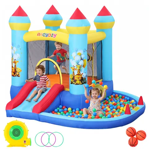 AKEYDIY Kids Inflatable Bouncy Castle Playground Equipment - Jungle Animal Print, 370W Blower, Slide, Ball Pit, Ring Toss, 840D+420D Oxford Fabric, Easy Setup, Durable Safe, 10.17×8.69×7.05 ft Multi Purpose Inflatable, All-Season Use Holiday Gift