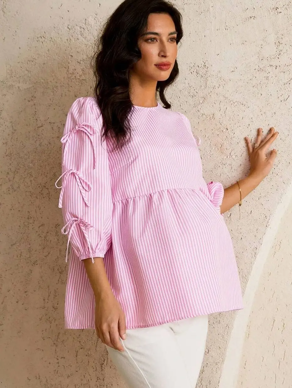 Maternity Striped Blouse, Bowknot Elegant Workwear Pregnancy Top, Stretchy Comfortable Shirt