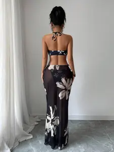 New 3-Piece Women's Summer Vacation Set, Printed Strapless Neck Top with Triangle Bikini Bottoms and Long Skirt, Stylish Beach Pool Party Swimwear, Bikini Swimsuits, Floral Print Bikini