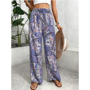 [Elegant Paisley Pants] Lightweight Elegant Women's Paisley Print Wide-Leg Pants| Front Satin Ribbon, Machine Washable, Satin Finish, Spring/Summer Casual & Formal Trousers