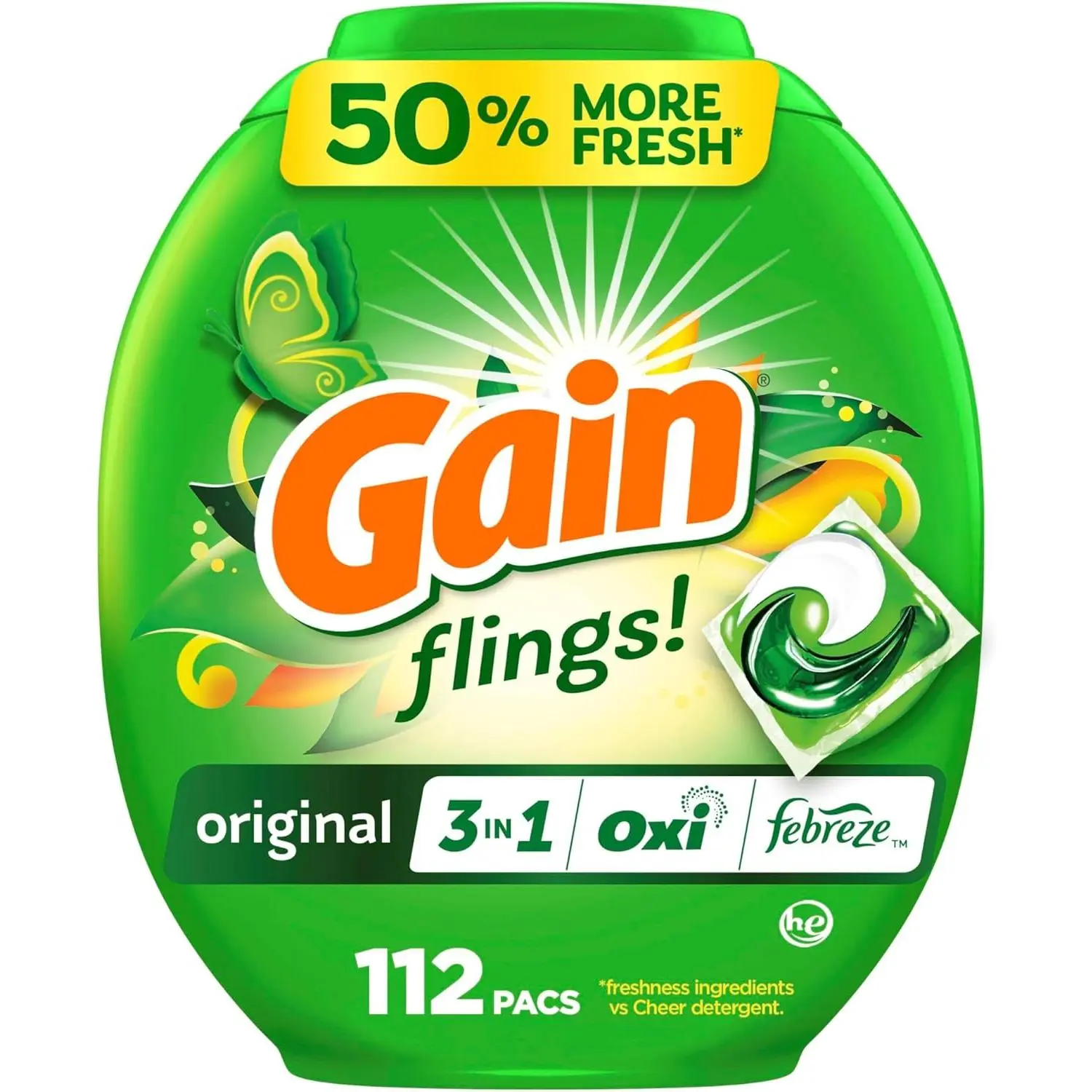 Gain flings Laundry Detergent Pacs, 112 Count, Original Scent with Oxi Boost and Febreze, 3-in-1, HE Compatible
