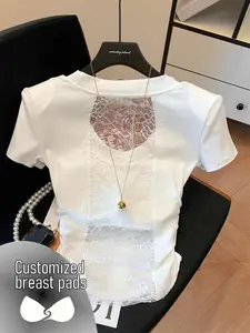 Women's Lace Patchwork U-Neck Short Sleeve T-Shirt, Summer Ruched Waist Top, Stylish and Comfortable, Perfect for Casual Wear