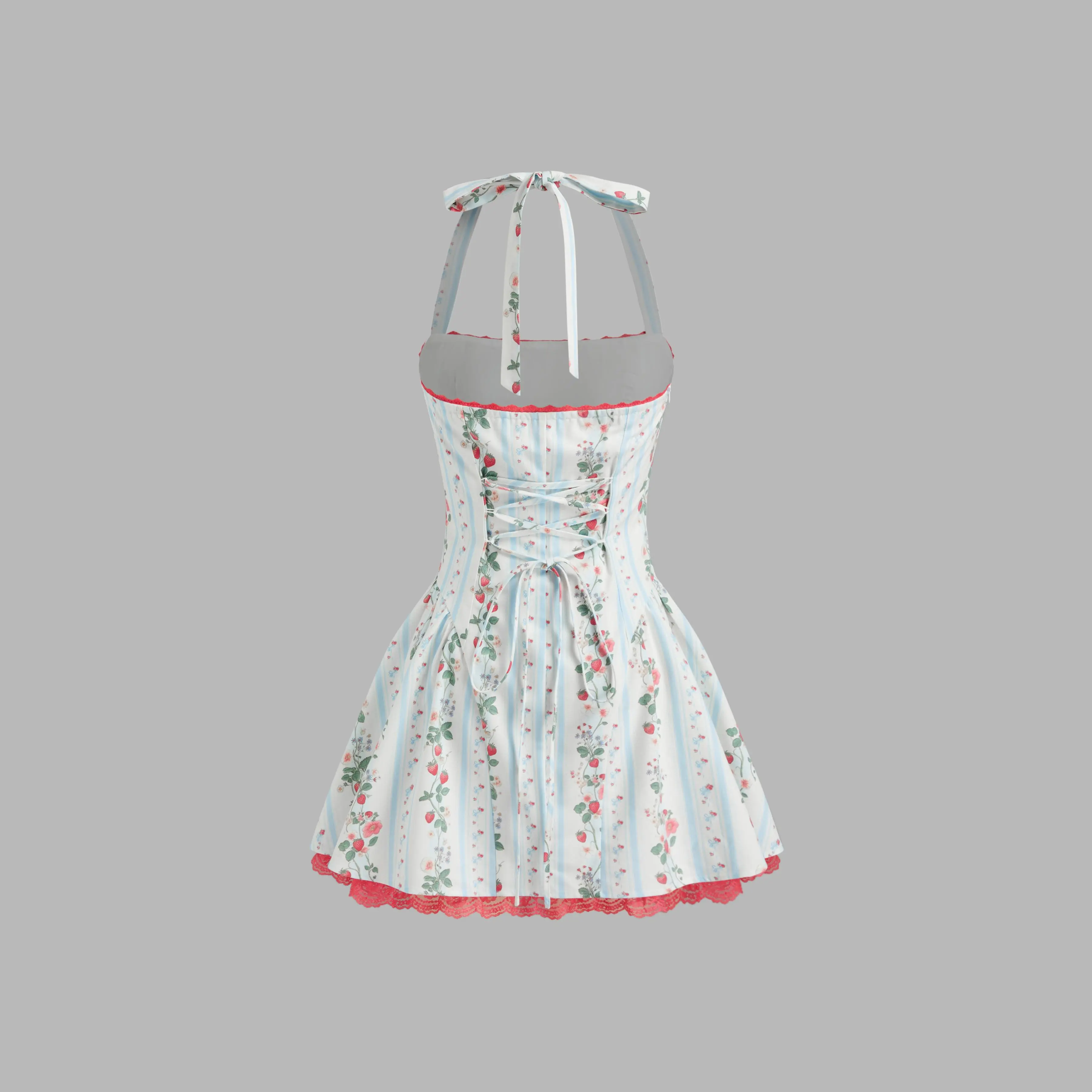 Cider [size 0-10] Linen-blend Halter Neckline Strawberry Floral Lace Up  Ruffle Mini Dress SwimWeek - TikTok Shop