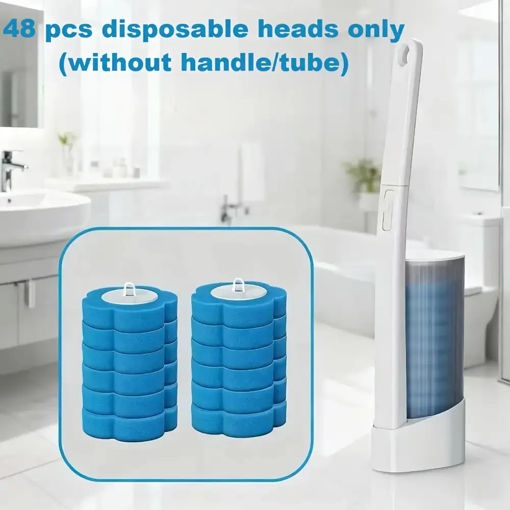48-Piece Disposable Toilet Brush Head Refill Set, 360° Rotation Deep Cleaning Sponge Replacements, All-Purpose Stain Removal Toilet Cleaners for Bathrooms, RV