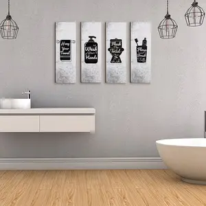 4pcs Black Wooden Wall Sign Set for Bathroom, 12x4 Inch - Decorative Leaf Pattern Wall Tions for Home, Washroom, Laundry Room, Wall Art Decoration