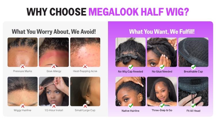 [3 IN 1 HALF WIG] Megalook Affordable Seamless Kinky Curly Half Wig Glueless Human Hair Wigs Flip Over Wig Beginner Friendly Easy Wear Go Quick Weave Hair