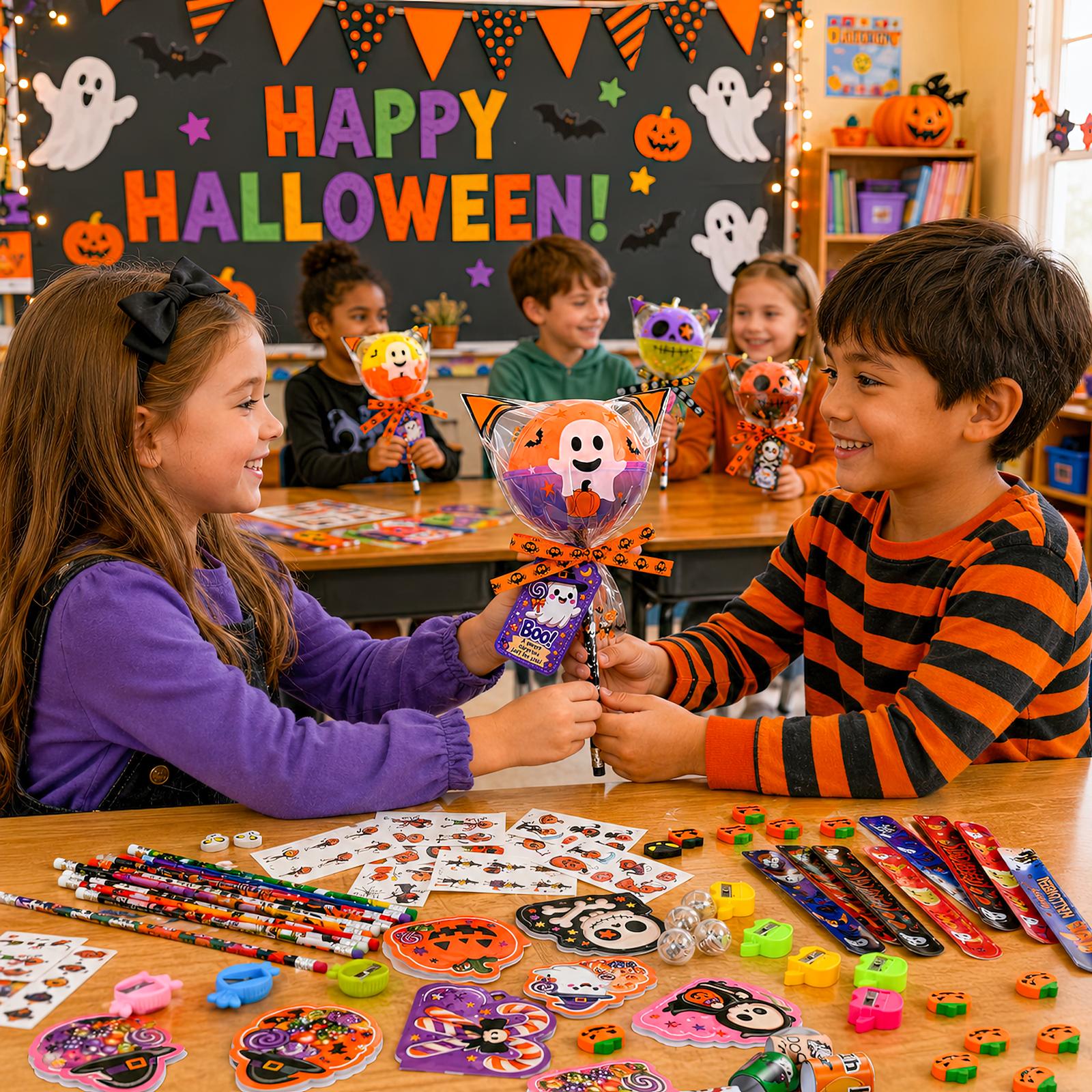 24-Pack 2026 Upgraded Light-Up Giant Halloween Lollipop Stationery Kit with Cards, Halloween Gifts for Kids, Classroom Exchange Party Favors