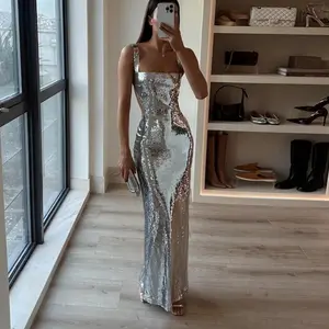 2026 Hot Selling New Women's Sequined Evening Gown, Sequined Square Neckline Evening Gown, Suitable for All Seasons, Elegant Sleeveless Evening Dress.