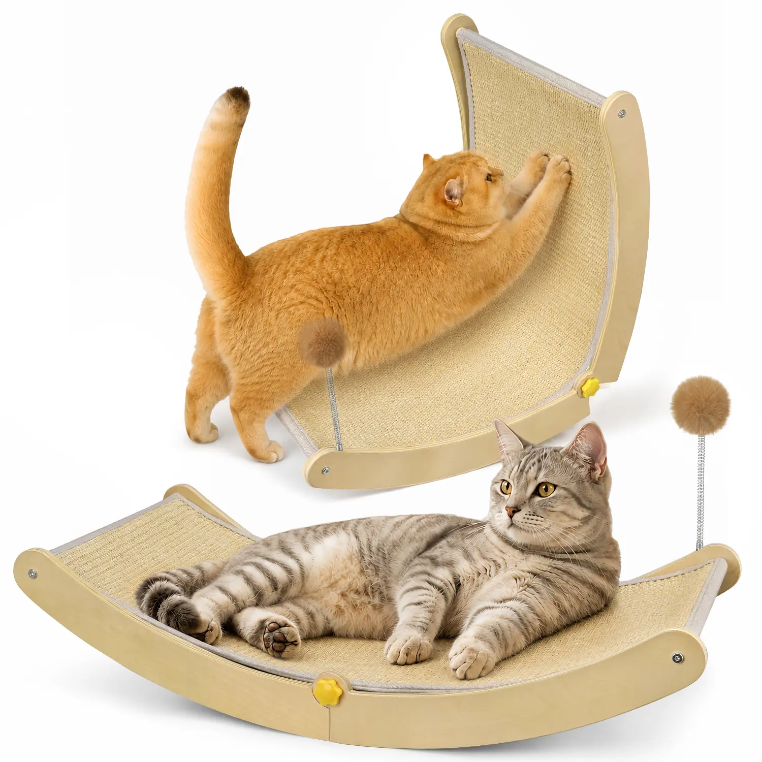 Kacoomi 2-in-1 Cat Scratcher Bed, Natural Sisal Cat Scratching Board & Lounge Bed with Interactive Toy Ball, Curved Wooden Cat Lounger Furniture Protector for Indoor Cats