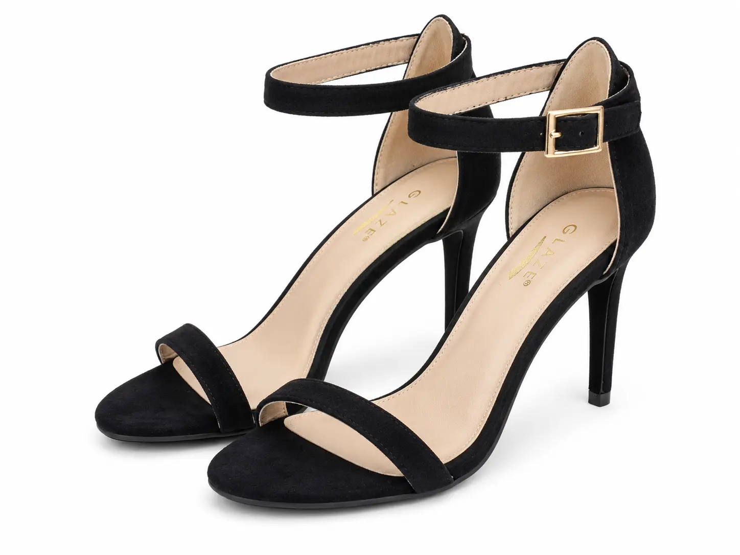 Black Suede Ankle Strap Heels with Gold Buckle and Open Toe Design for Women