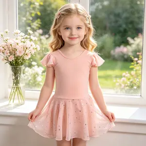 Pink Sparkle Ruffle Sleeve Ballet Tutu Dress for Girls, Toddler Ballet Leotard with Star Print, Basic Dance Training Gymnastics Outfit