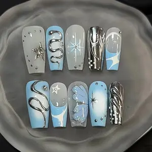 Blue Gradient Starry Sky Design Nail Art, Mirror Metal Snake Element, Long French Tips False Nails, Removable Press-On Nails, Includes 1 File and Gel