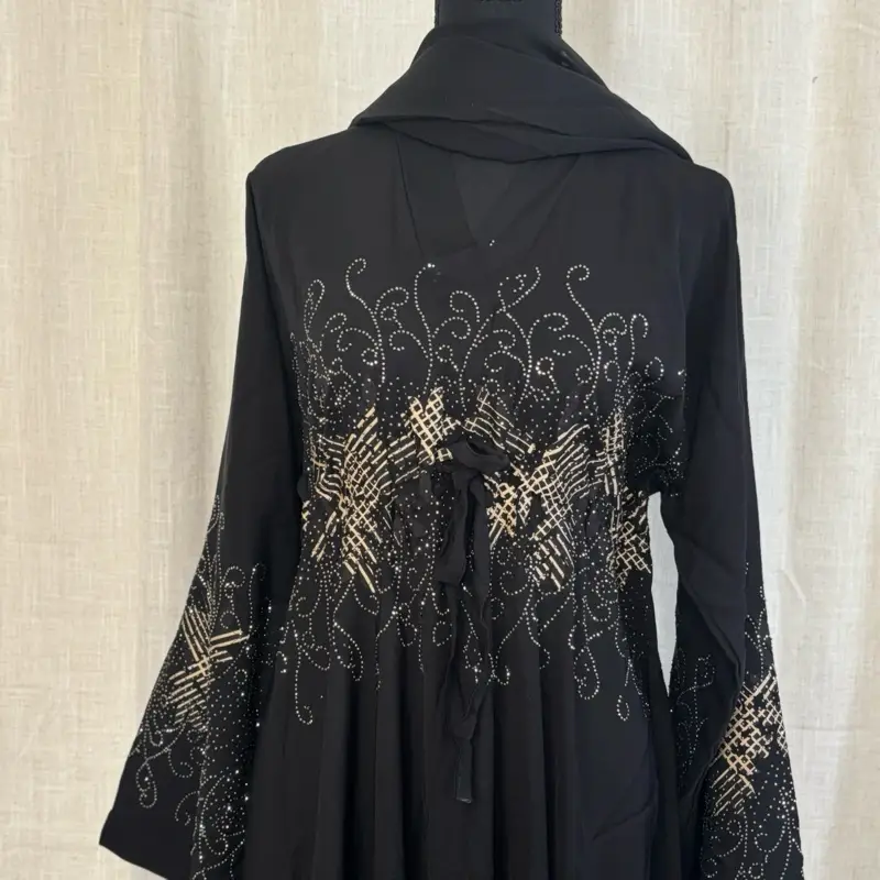 Abaya for Eid - Black Fabric with Gold Embroidery, Long Sleeves, Front Tie, Suitable for Eid Celebrations on
