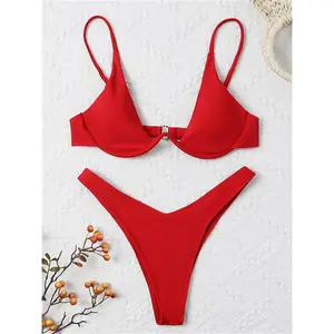 Sexy Underwire Bikini 2024 Mujer Women Solid Red Push Up Bra Thong Swimsuit Haler V Neck Bathing Suit Mini Micro Swimwear