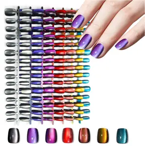 210pcs Cat Eye Press on Nails for Women 7 Colors Short Square Reusable Nail Tips in 15 Sizes Long Lasting Salon Fake Nails Stick on Artificial Acrylic False Nail Tips — Chameleon Series