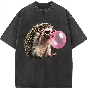 Soft Grunge Vibes for Urban Explorers: Hedgehog in Pink Shades Blowing Bubbles on Sun-Faded Acid Washed T Shirt 230Gsm, Garment Dyed Ultra-Soft Breathable with Broken-In Feel, Perfect Daily Uniform Or Coastal Granddaughter Streetwear Essential Gift
