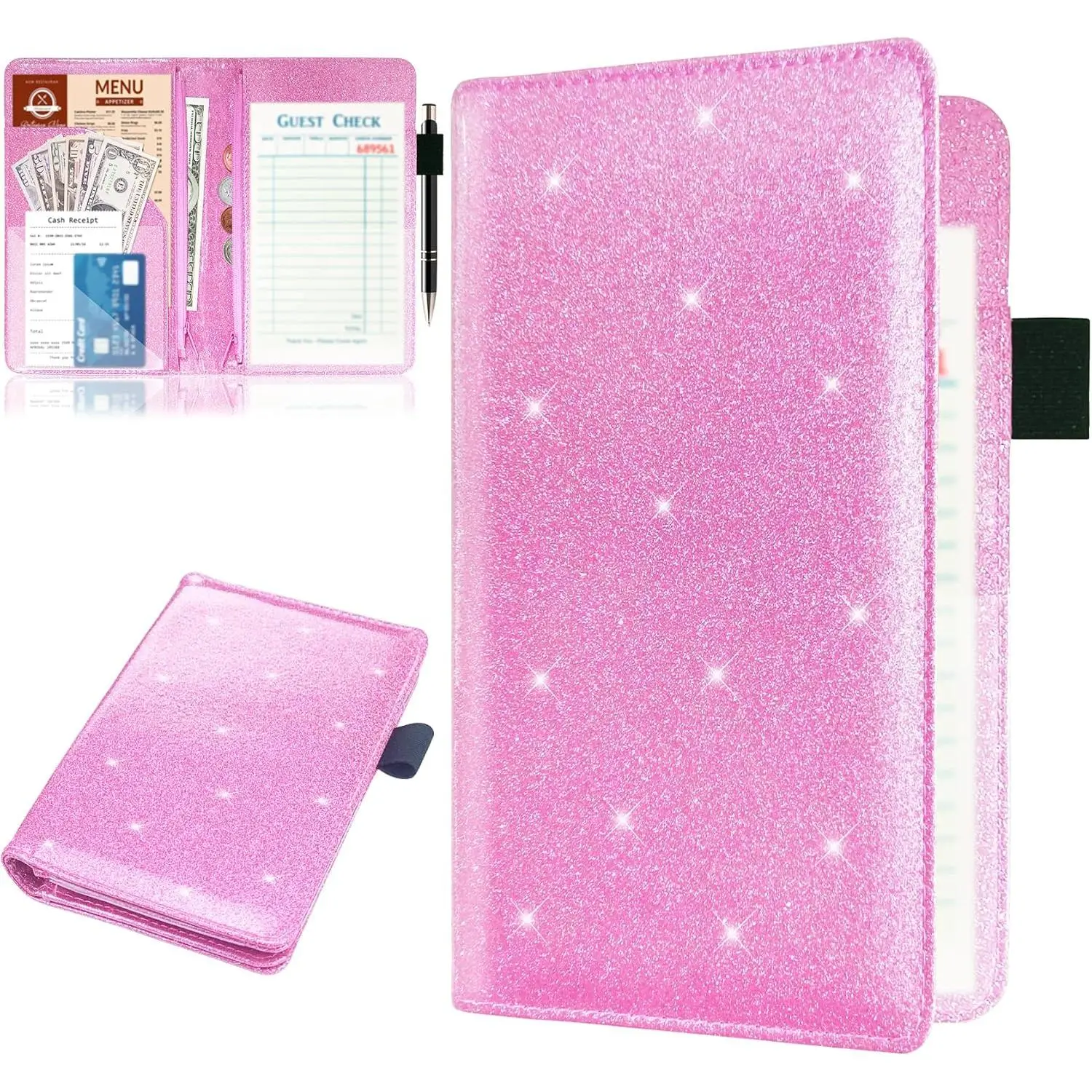 Server Books with 2 Zipper Pouch for Waitress, Waitress/Waiter Book Organizer, Guest Check Leather Book Holder  Pocket Restaurant Waitstaff Organizer Leopard  (Glitter )