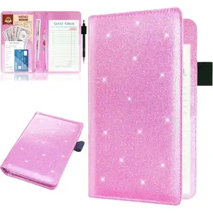 Server Books with 2 Zipper Pouch for Waitress, Waitress/Waiter Book Organizer, Guest Check Leather Book Holder  Pocket Restaurant Waitstaff Organizer Leopard  (Glitter )