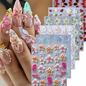 Flower Nail Art Stickers Decals 6 PCS 5D Embossed Hibiscus Decals for Nails Art Lily Hibiscus Starfish Jellyfish Daisy Bee Ladybugs Designs Summer Tropical Floral Nail Decoration for Women
