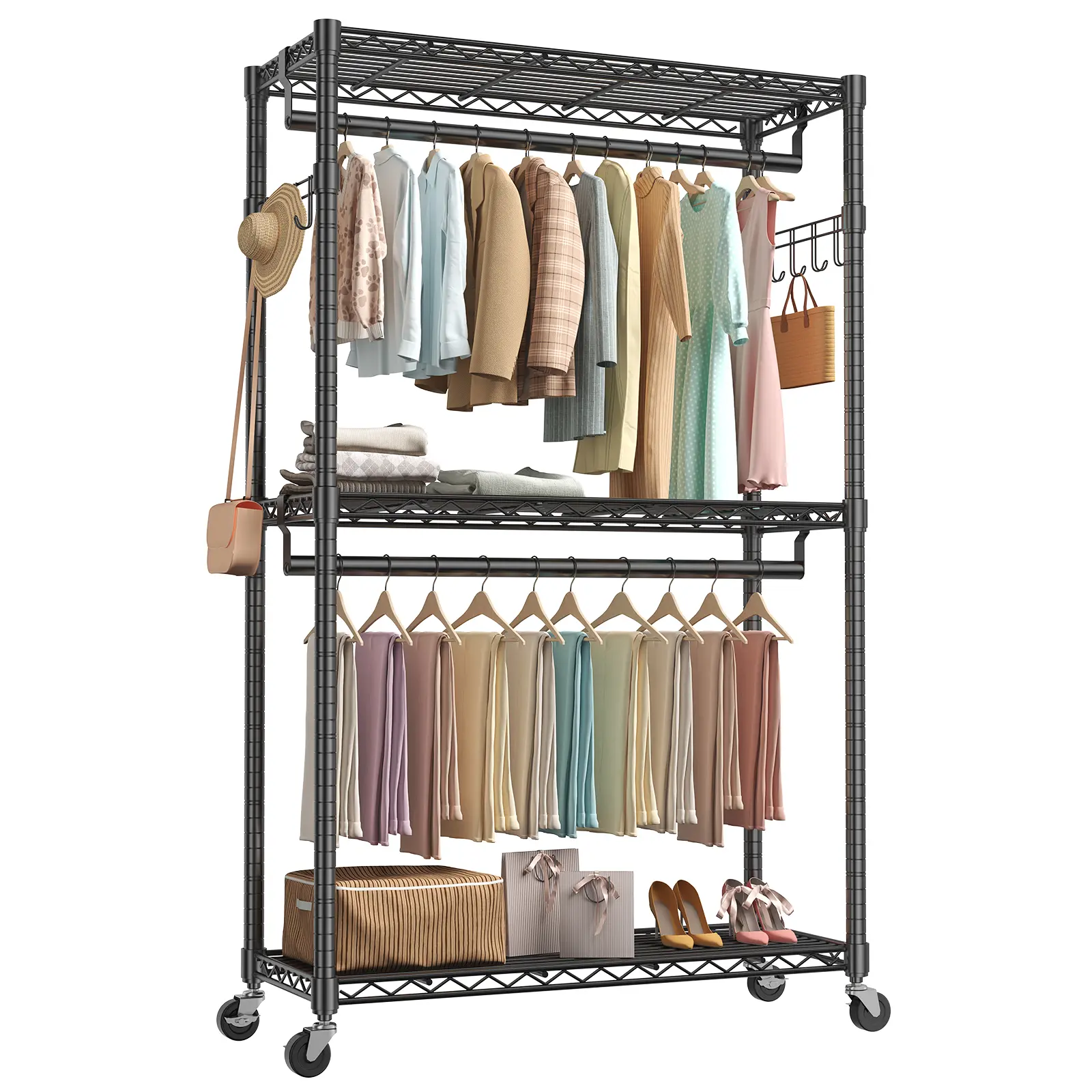 3 Tier Heavy Duty Rolling Garment Rack with Lockable Rollers,Freestanding Clothing Rack