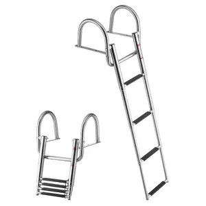 VEVOR Stainless Steel 4-Step Telescoping Folding Boat Ladder, 600 lbs Capacity, Wide Anti-Slip Steps & Handrails, Rear Entry for Inboards, Pontoon Boat Accessories, Yacht & Outboard Use