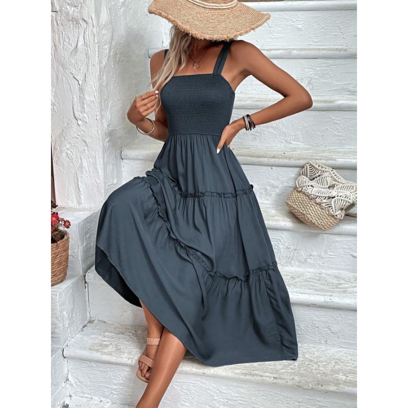 SHEIN Clasi Shirred Bodice Ruffle Hem Cami Dress Maxi Women Outfit