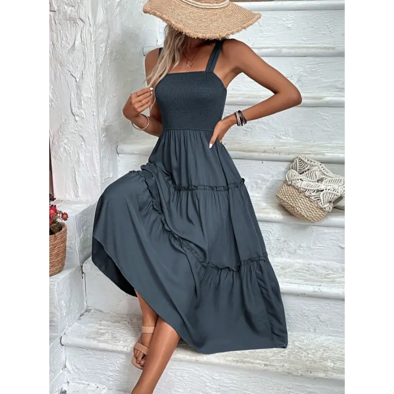 SHEIN Clasi Shirred Bodice Ruffle Hem Cami Dress Maxi Women Outfit