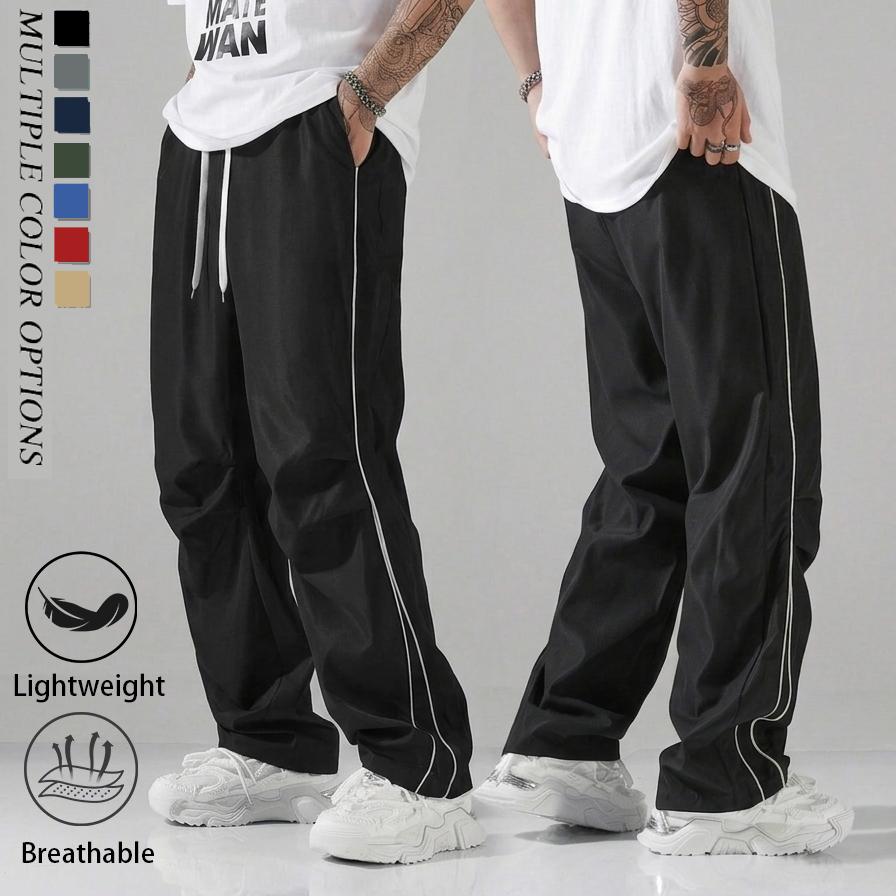 Unisex baggy wide-leg sweatpants; men’s casual athletic pants made from soft fabric with an elastic waistband and drawstring; loose fit with side stripes; breathable, lightweight sports fitness streetwear pants; all-day comfort and versatile for everyday