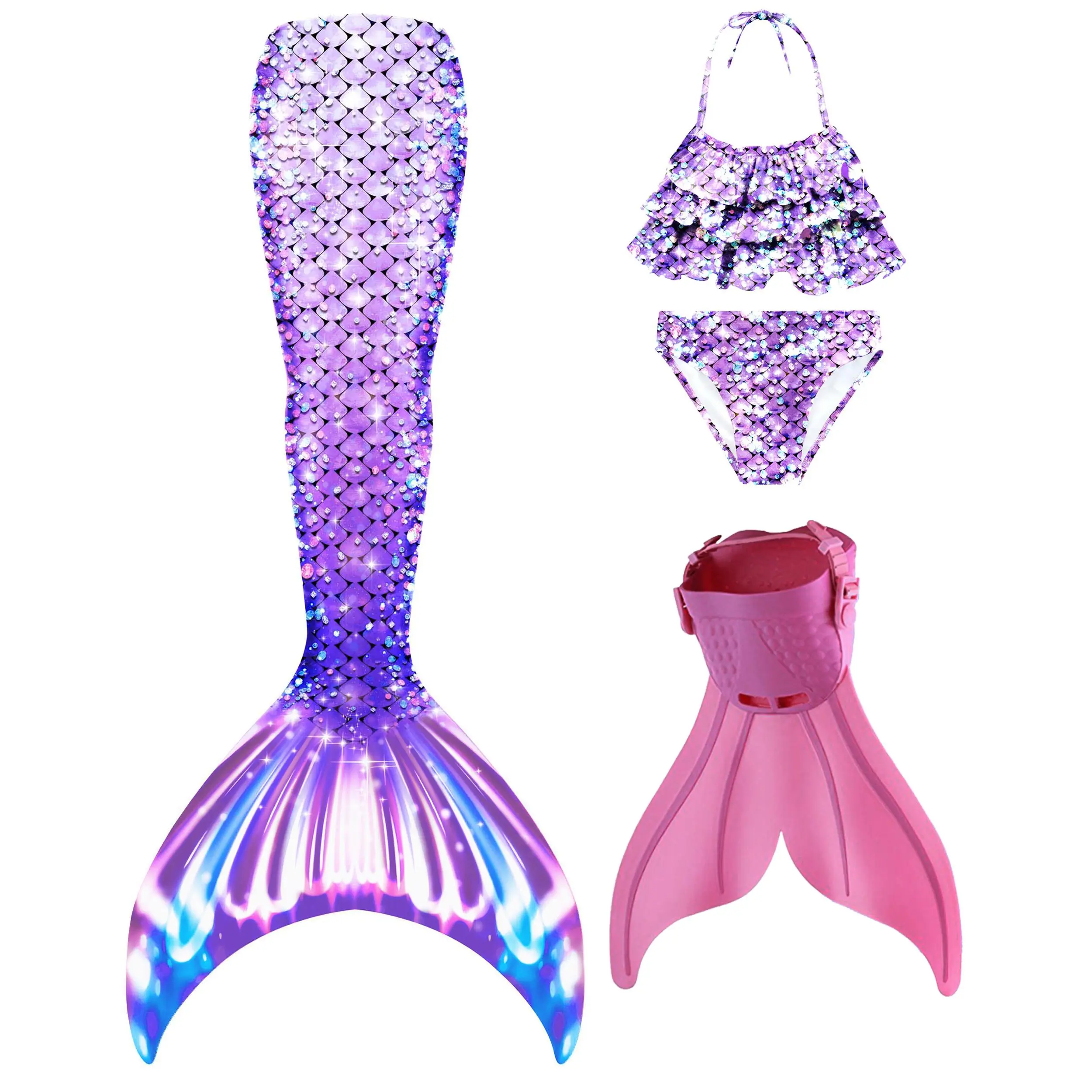 Girls' Swimwear 4-Piece Mermaid Set, Sparkly Scale Pattern Ruffle Bikini with Cover-Up & Fin for Summer Vacation and Water Activities, Swimwear Bathing Suit, Bikini Set, Cover-Up Skirt, Mermaid Bikini Set