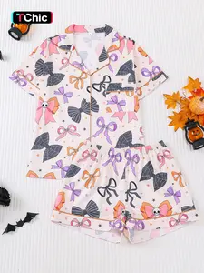 2 Pieces Of Women's Halloween Colored Bow Printed Short Sleeved Shorts, Comfortable Breathable Lapel Pajama Set, Nightwear, Loungewear, Pjs, Knitted Top, Pocket Elastic Waistband, Suitable for All Seasons Casual Classic Home Wear