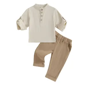 Toddler Baby Boy 2-Piece Clothing Outfits, Cotton-Linen Henley Long Sleeve Button-Down Shirt & Casual Pants Set