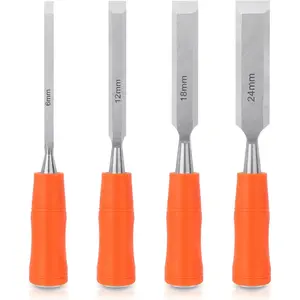Wood Chisel Sets Woodworking Tools Set, Wood Chisels for Woodworking with Steel Hammer End, Wood Tools Chisel Set Woodworking with Ergonomic Plastic Handle, 6mm, 12mm, 18mm, 24mm