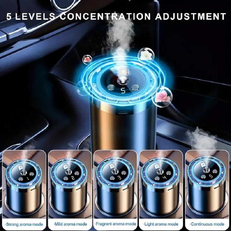 This smart car fragrance diffuser combines an air freshener, aromatherapy diffuser, humidifier, starry sky projector, and ambient lighting into one device. It can keep the air inside the car fresh for a long time