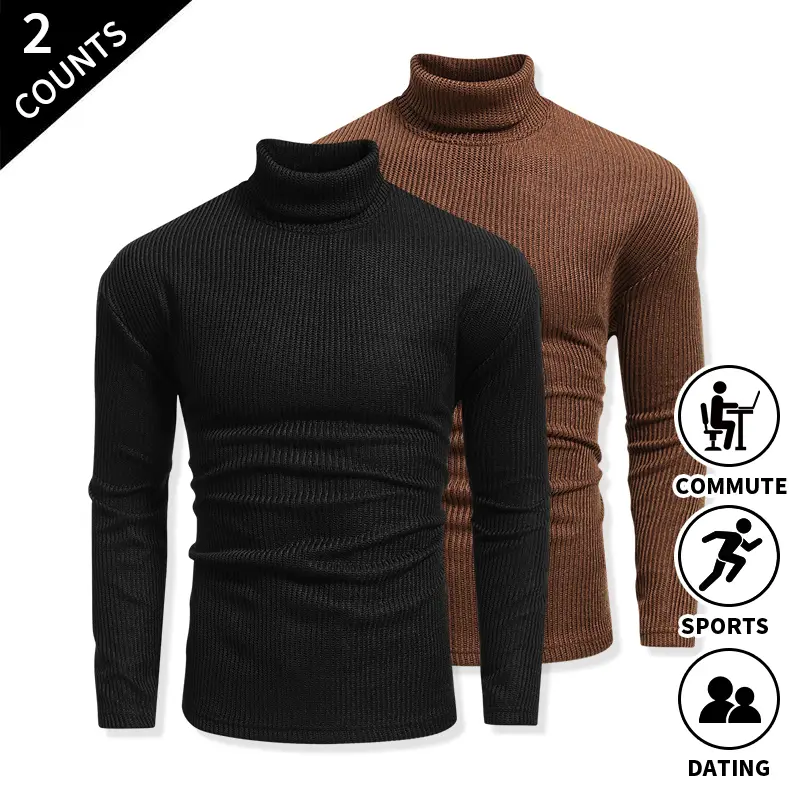 2-Pack Fashion Men Turtleneck Knit Sweater Long Sleeve Top Menswear for Everyday Casual Outings
