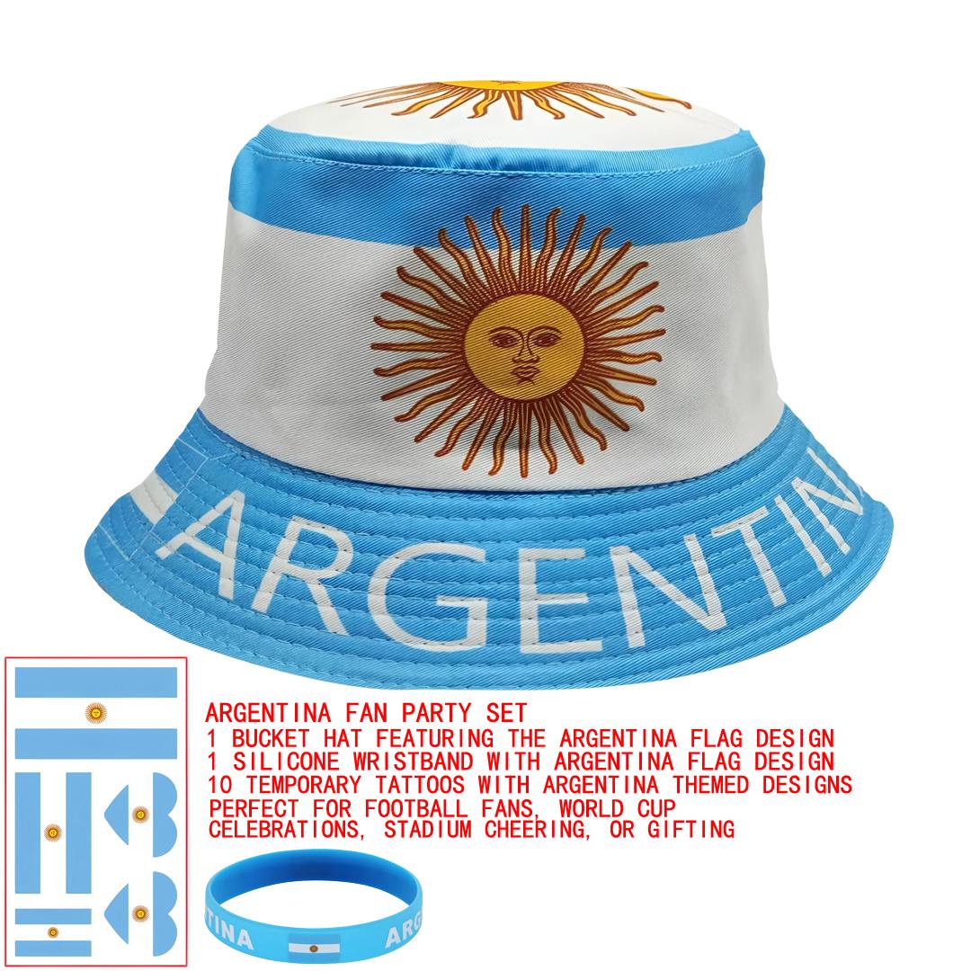 World Cup Fan Gear - Bucket Hat, Silicone Wristband & Temporary Tattoos for Argentina, Brazil, USA, Mexico, England Fans | Soccer Party, Stadium Cheering, Sports Accessories