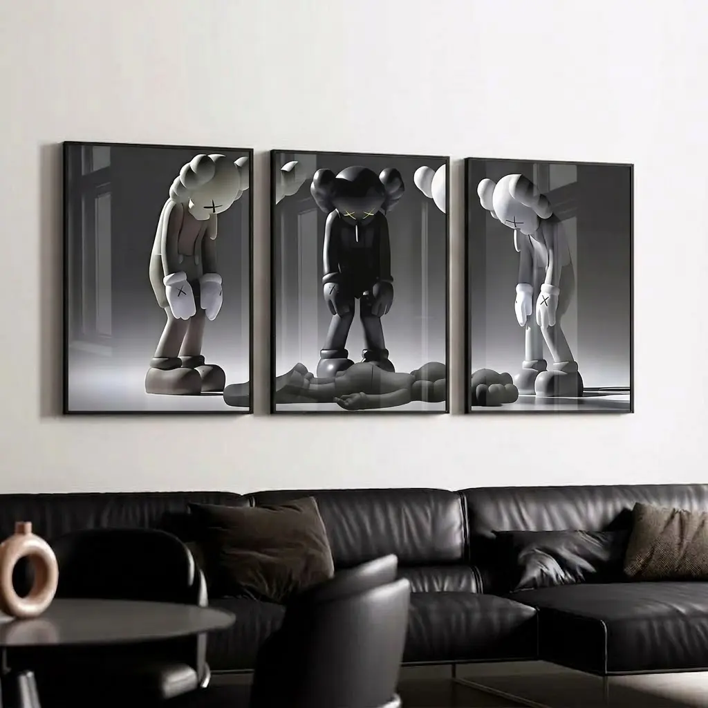 Set Of 3 Black and White Kaws Head Down Poster Print Unframed Wall Art