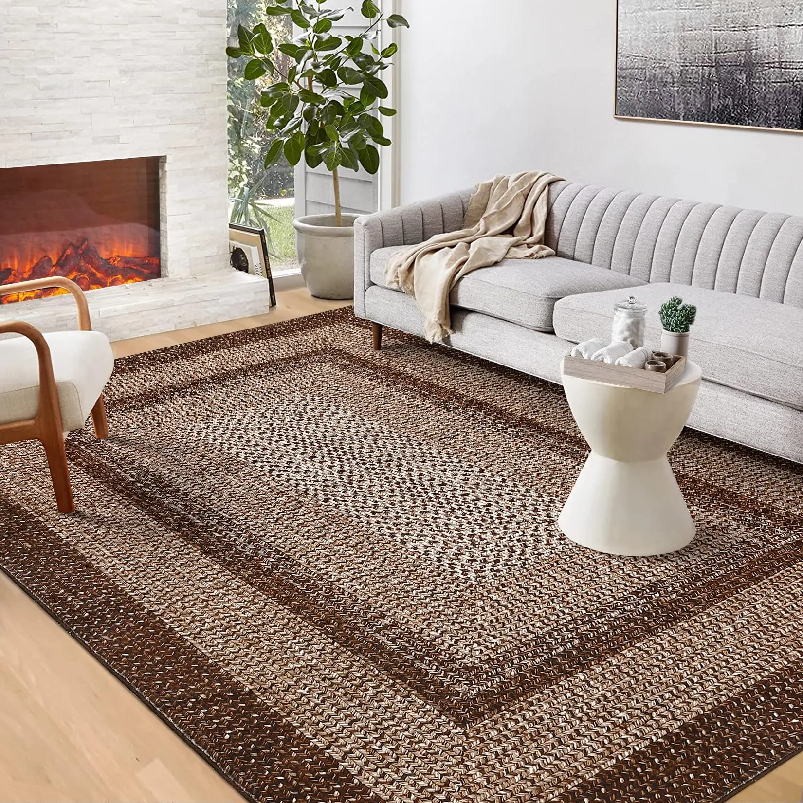 Brown 3x5 Braided Area Rug with Non-Slip Backing, Modern Accent Carpet for Bedroom, Living Room, Dining Room & Hallway, Foldable Low Pile Throw Rug