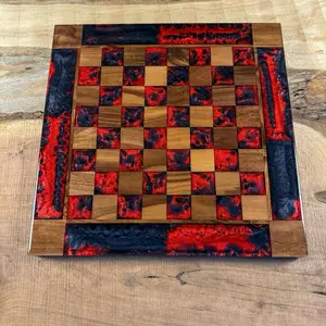 Black Onyx Red Lava Walnut Chess Board (PIECES INCLUDED)